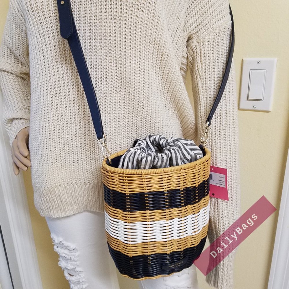 KATE SPADE BUOY WICKER MEDIUM BUCKET BAG CROSSBODY BLUE MULTI PXR00427 NWT